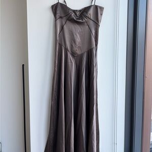 House of CB Anabella Lace Up Satin Gown Pebble Gray